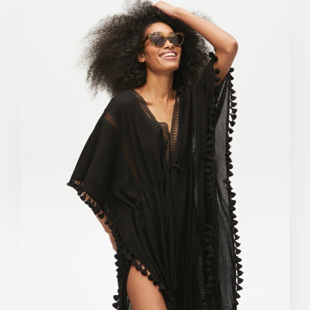 Michael Stars Womens Tassels For All Ruana front tie kimono swim cover up, black
